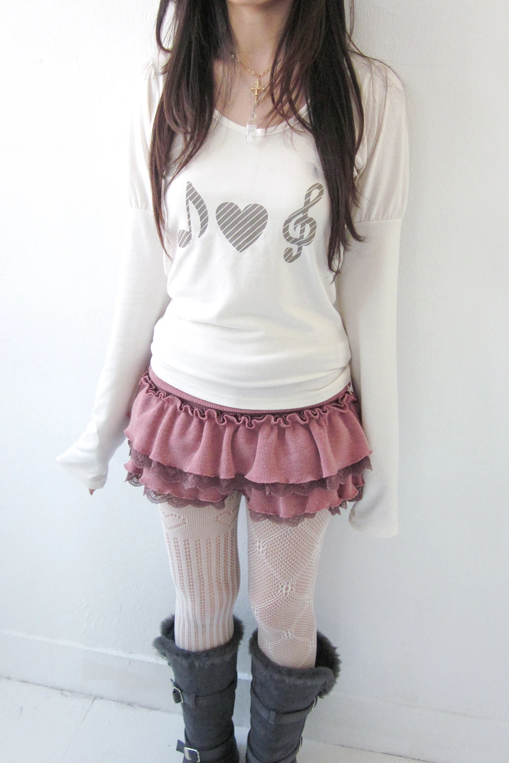 Karrram Japanese Y2k Heart Print T-shirt Vintage Harajuku Long Sleeve Gray T Shirt Korean 2000s Style Streetwear American Retro