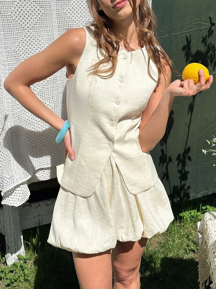 Bornladies Cotton Chic Casual Vest Mini Skirt Set Women's Fashion Commuter Sleeveless Tank Top Loose Shorts Suits Summer New
