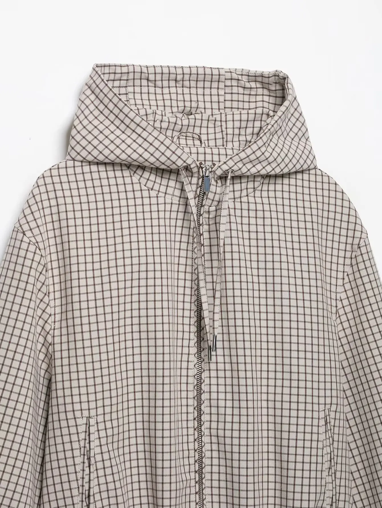 TFMLN Autumn Women Plaid Hooded Cropped Jacket 2026 New Zipper Drawstring Hem Long Sleeve Loose Casual Outerwear Lady Outfit