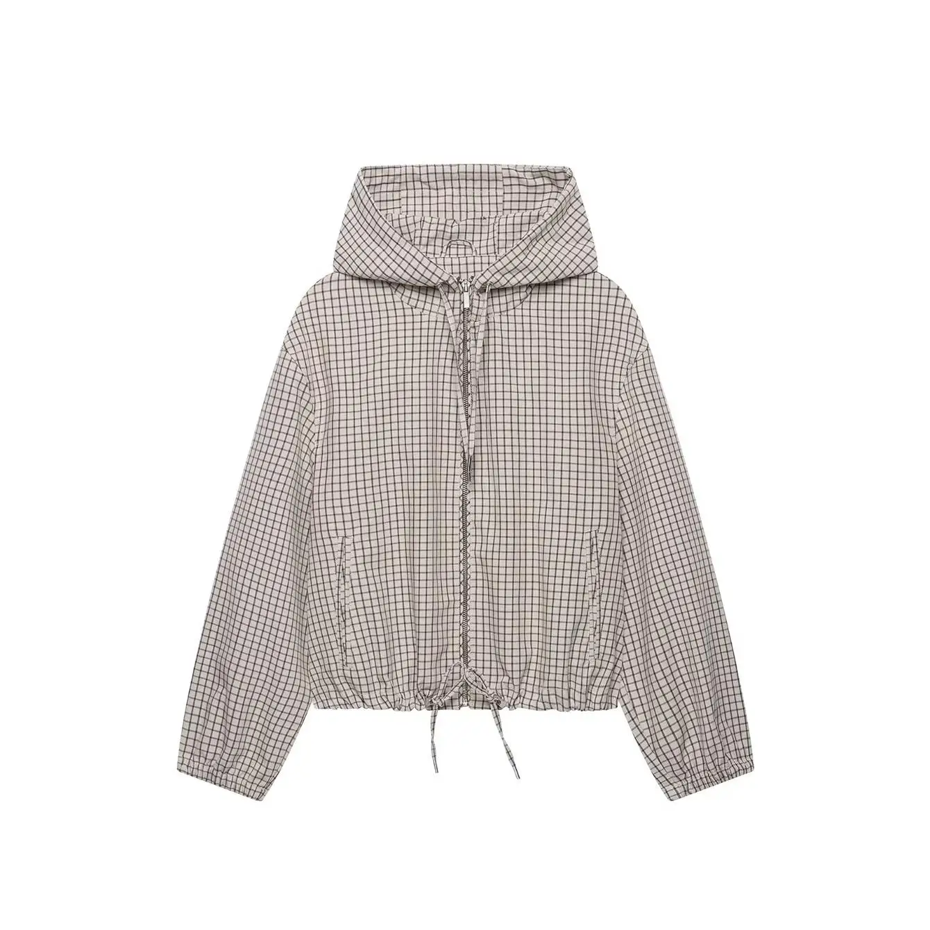 TFMLN Autumn Women Plaid Hooded Cropped Jacket 2026 New Zipper Drawstring Hem Long Sleeve Loose Casual Outerwear Lady Outfit