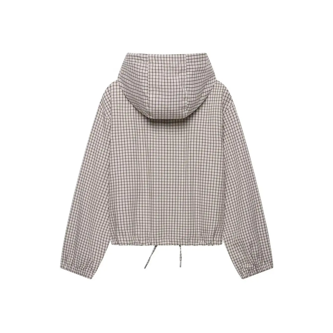 TFMLN Autumn Women Plaid Hooded Cropped Jacket 2026 New Zipper Drawstring Hem Long Sleeve Loose Casual Outerwear Lady Outfit