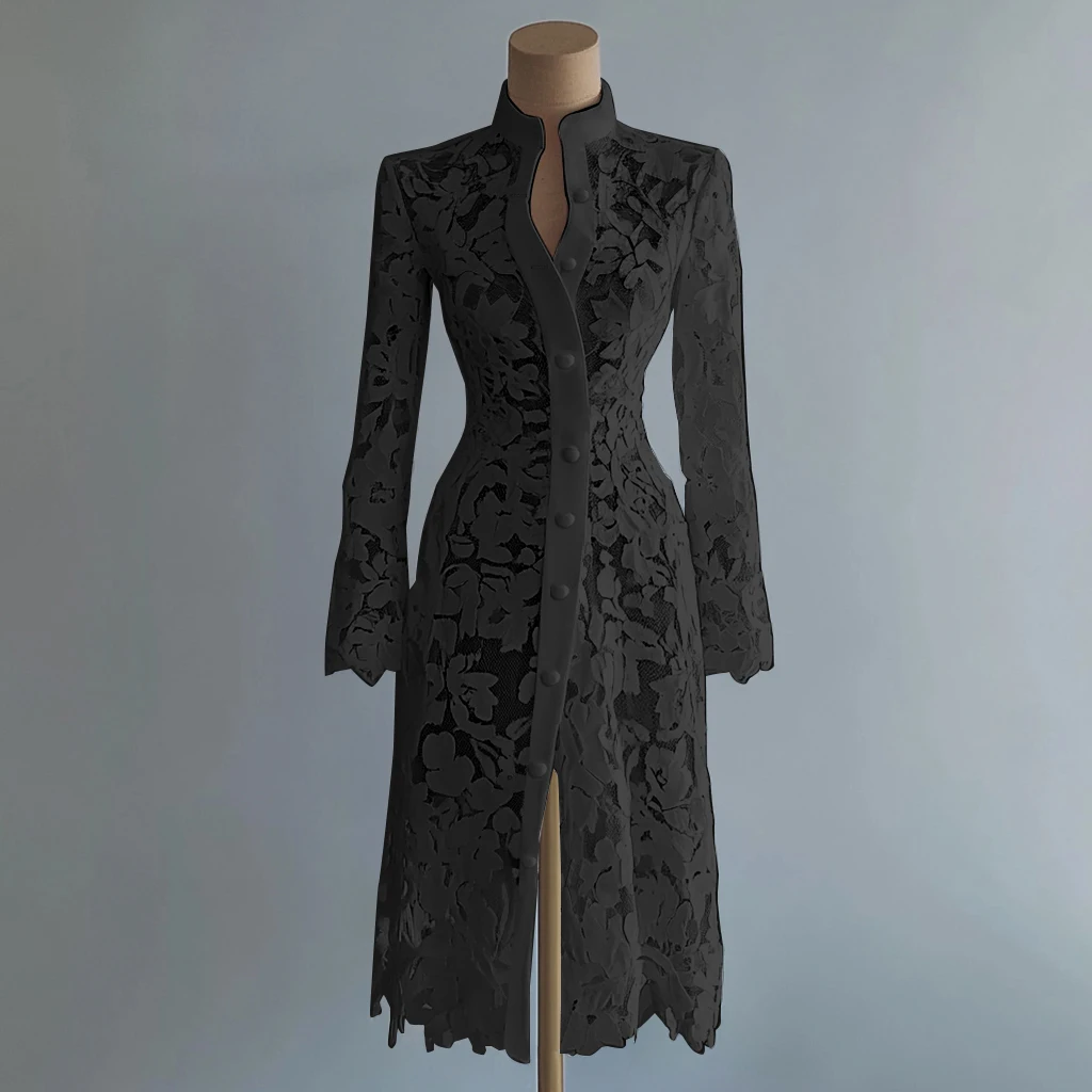 Women's Floral Lace Hollow Out Elegant Dress Solid Single-breasted Stand Collar Sweet Long Sleeve Cardigan Outwear Midi Dresses
