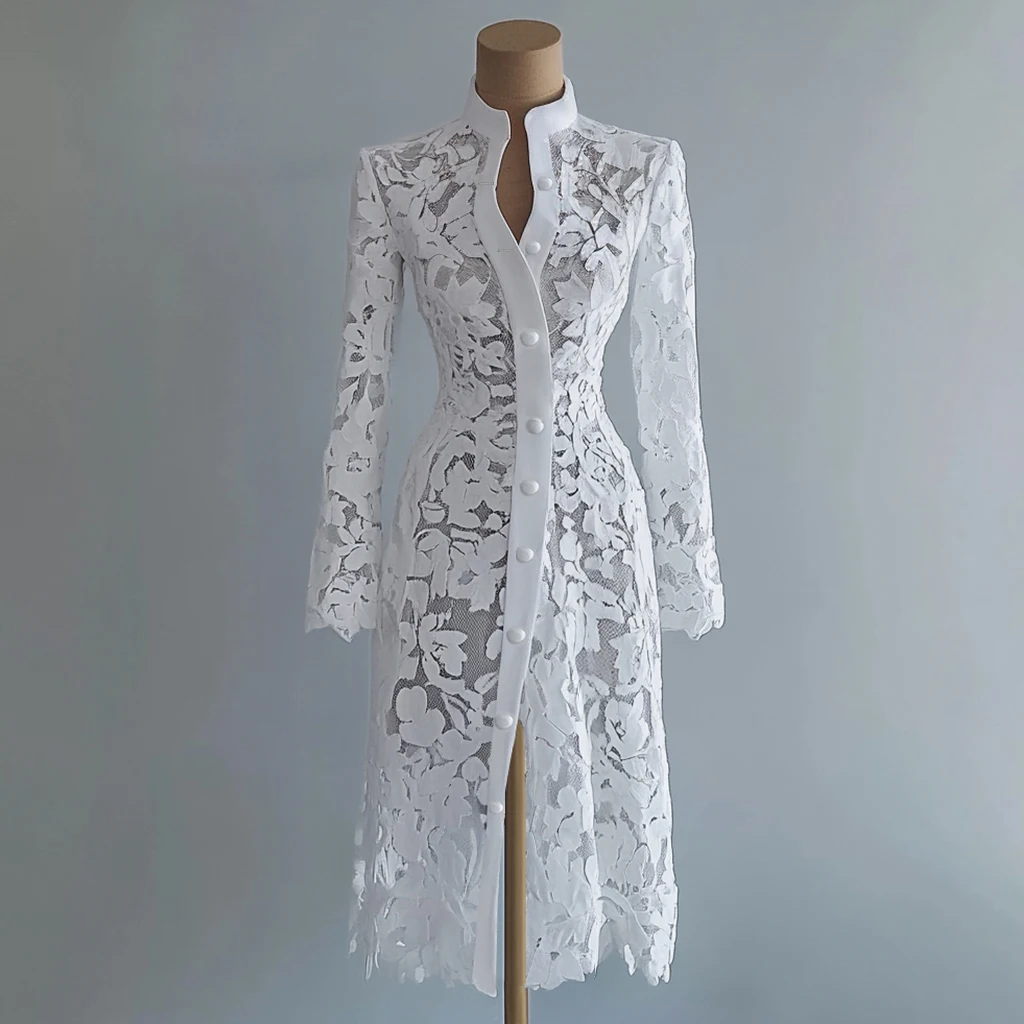 Women's Floral Lace Hollow Out Elegant Dress Solid Single-breasted Stand Collar Sweet Long Sleeve Cardigan Outwear Midi Dresses