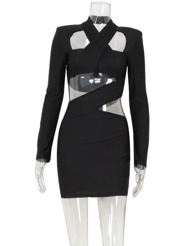 Ahagaga Sexy Club Women's Mini Dresses Solid Hollow Out V-Neck Regular Long Sleeves Sheath Bodycon Slim Fit Streetwear Vestidos