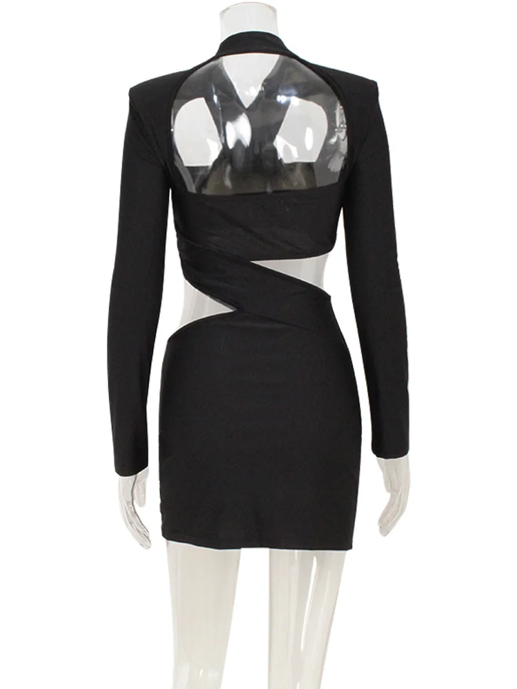 Ahagaga Sexy Club Women's Mini Dresses Solid Hollow Out V-Neck Regular Long Sleeves Sheath Bodycon Slim Fit Streetwear Vestidos