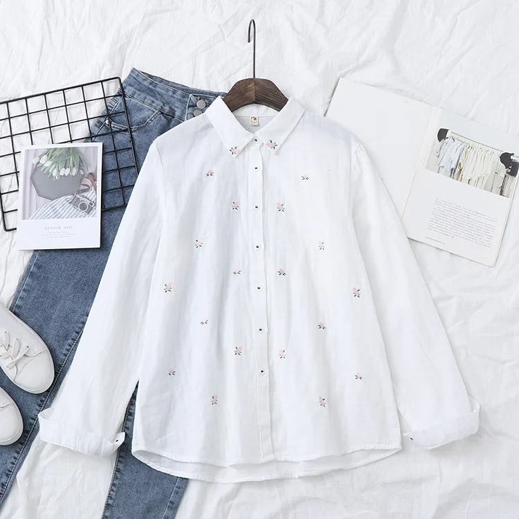 2026 Spring Autumn New Fresh Cotton Yarn Ladies Long Sleeve Shirt Flower Embroidered Women's Casual Shirt Female Blouse Clothes
