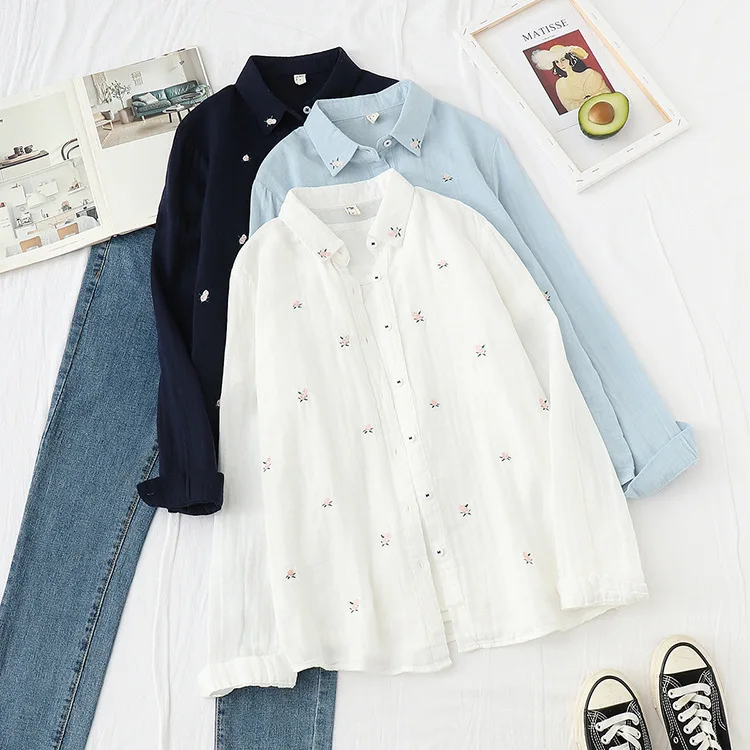 2026 Spring Autumn New Fresh Cotton Yarn Ladies Long Sleeve Shirt Flower Embroidered Women's Casual Shirt Female Blouse Clothes