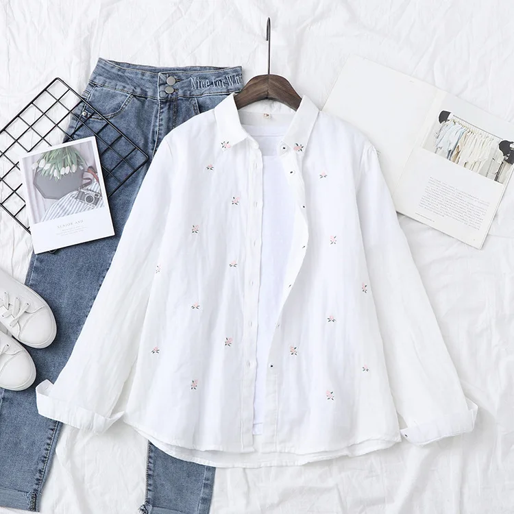 2026 Spring Autumn New Fresh Cotton Yarn Ladies Long Sleeve Shirt Flower Embroidered Women's Casual Shirt Female Blouse Clothes