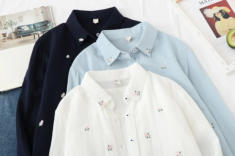 2026 Spring Autumn New Fresh Cotton Yarn Ladies Long Sleeve Shirt Flower Embroidered Women's Casual Shirt Female Blouse Clothes