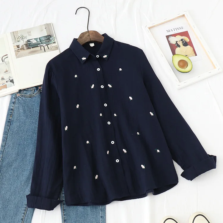 2026 Spring Autumn New Fresh Cotton Yarn Ladies Long Sleeve Shirt Flower Embroidered Women's Casual Shirt Female Blouse Clothes