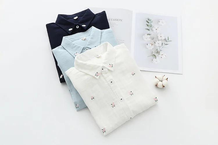 2026 Spring Autumn New Fresh Cotton Yarn Ladies Long Sleeve Shirt Flower Embroidered Women's Casual Shirt Female Blouse Clothes