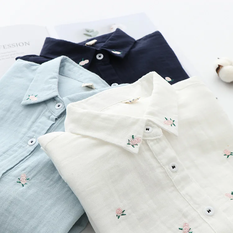 2026 Spring Autumn New Fresh Cotton Yarn Ladies Long Sleeve Shirt Flower Embroidered Women's Casual Shirt Female Blouse Clothes
