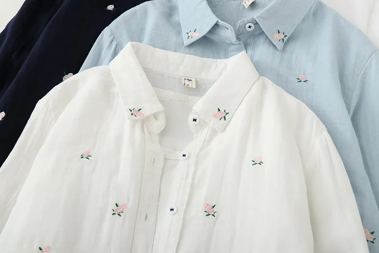 2026 Spring Autumn New Fresh Cotton Yarn Ladies Long Sleeve Shirt Flower Embroidered Women's Casual Shirt Female Blouse Clothes