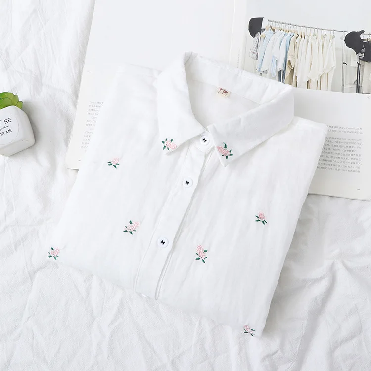 2026 Spring Autumn New Fresh Cotton Yarn Ladies Long Sleeve Shirt Flower Embroidered Women's Casual Shirt Female Blouse Clothes