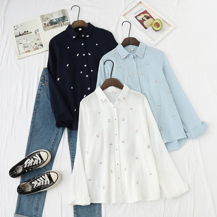 2026 Spring Autumn New Fresh Cotton Yarn Ladies Long Sleeve Shirt Flower Embroidered Women's Casual Shirt Female Blouse Clothes