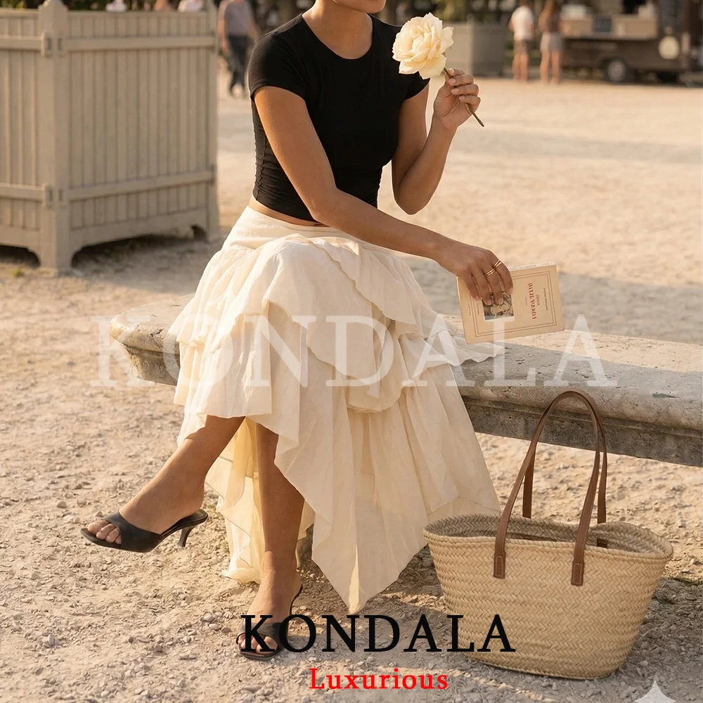 KONDALA Holiday Chic Ruffles Long Skirts Women Mid Waist Zipper Irregular Skirts Fashion 2026 Spring Summer Vacation Beach Skirt
