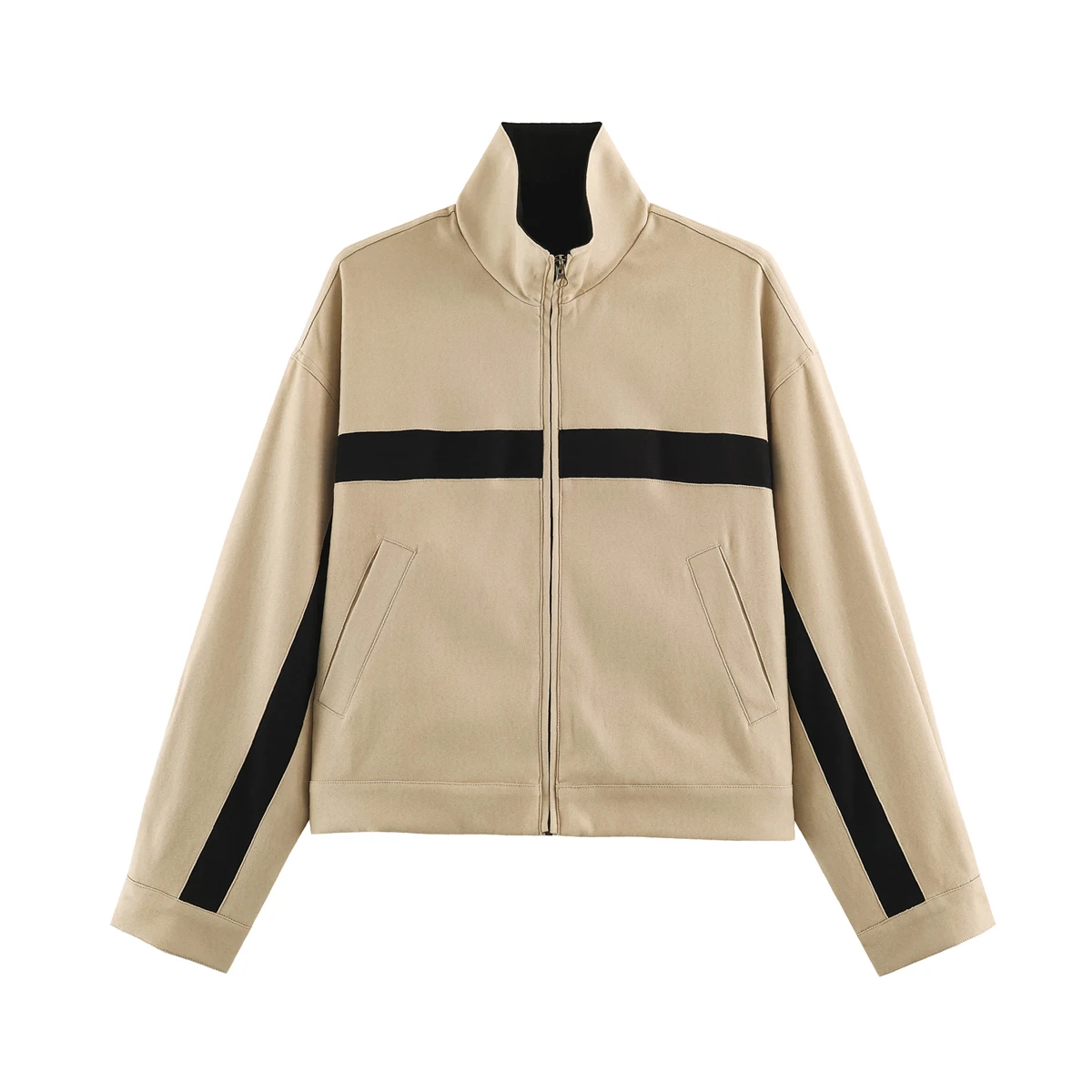 Women Khaki Jackets Autumn Female Chic Color Blocking Stand Collar Long Sleeved Zipper Coats Lady Casual Streetwear Jackets