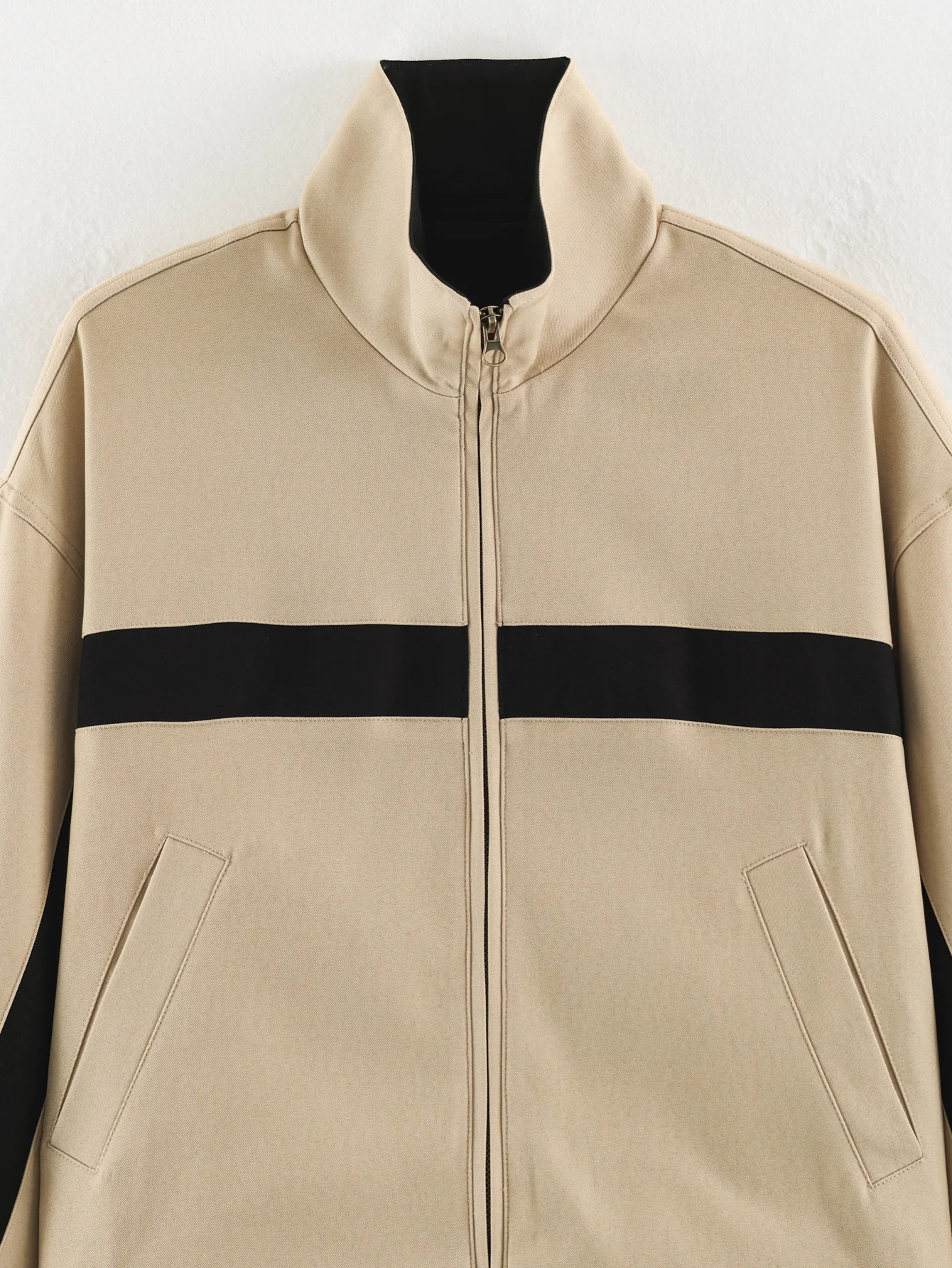 Women Khaki Jackets Autumn Female Chic Color Blocking Stand Collar Long Sleeved Zipper Coats Lady Casual Streetwear Jackets