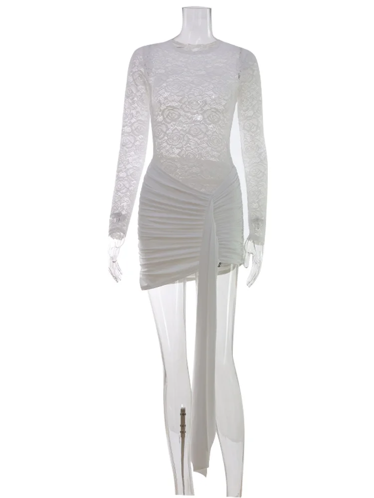 CNYISHE Lace Sheer Bodycon Sexy Club Women Dresses Solid Hip Wrap Fitness Skinny Trendy O Neck Long Sleeve Female Streetwear