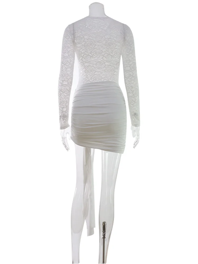 CNYISHE Lace Sheer Bodycon Sexy Club Women Dresses Solid Hip Wrap Fitness Skinny Trendy O Neck Long Sleeve Female Streetwear
