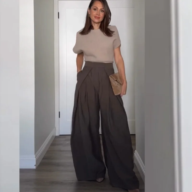 HXAO Women's Pants Baggy Wide Pants For Woman Minimalist Pleated Stripe Casual Pants Women Office Green Oversize Suit Trousers
