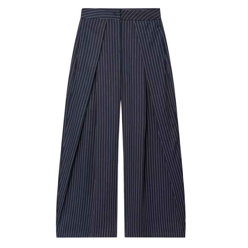 HXAO Women's Pants Baggy Wide Pants For Woman Minimalist Pleated Stripe Casual Pants Women Office Green Oversize Suit Trousers