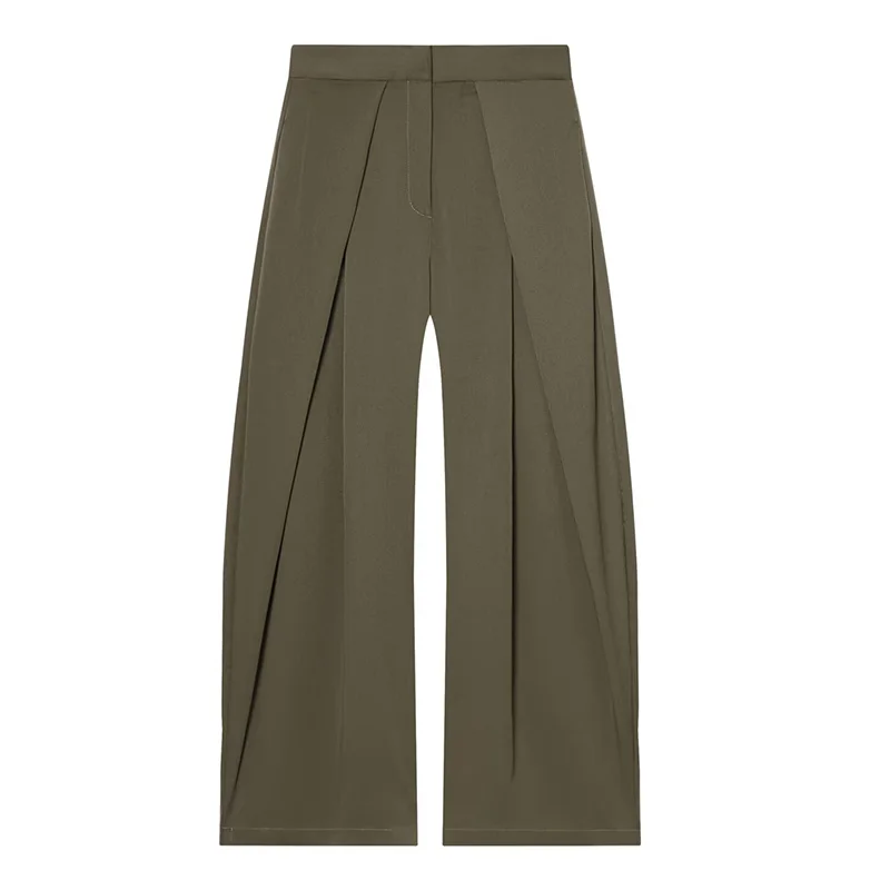 HXAO Women's Pants Baggy Wide Pants For Woman Minimalist Pleated Stripe Casual Pants Women Office Green Oversize Suit Trousers