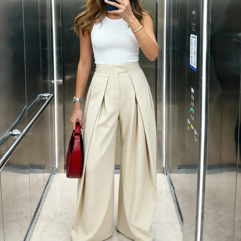 HXAO Women's Pants Baggy Wide Pants For Woman Minimalist Pleated Stripe Casual Pants Women Office Green Oversize Suit Trousers
