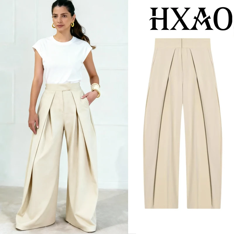 HXAO Women's Pants Baggy Wide Pants For Woman Minimalist Pleated Stripe Casual Pants Women Office Green Oversize Suit Trousers