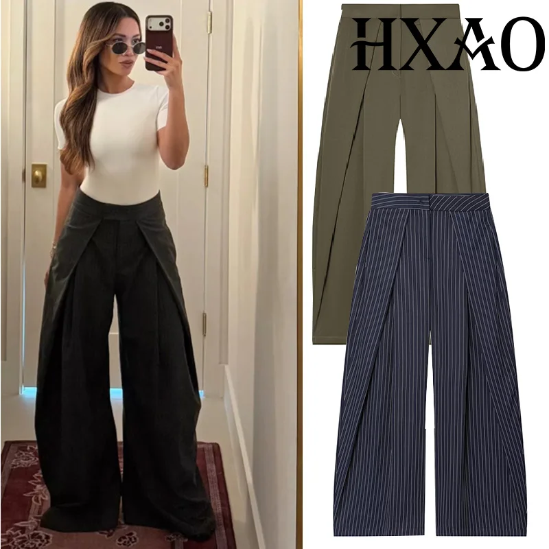 HXAO Women's Pants Baggy Wide Pants For Woman Minimalist Pleated Stripe Casual Pants Women Office Green Oversize Suit Trousers