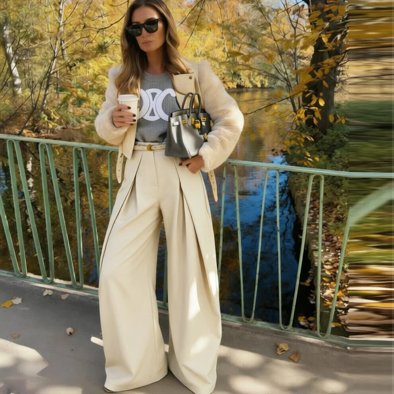 HXAO Women's Pants Baggy Wide Pants For Woman Minimalist Pleated Stripe Casual Pants Women Office Green Oversize Suit Trousers