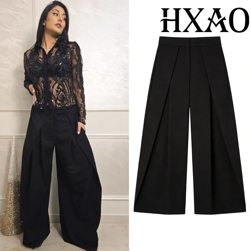 HXAO Women's Pants Baggy Wide Pants For Woman Minimalist Pleated Stripe Casual Pants Women Office Green Oversize Suit Trousers