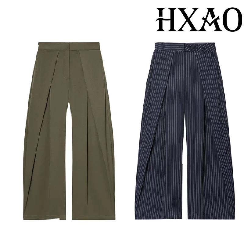 HXAO Women's Pants Baggy Wide Pants For Woman Minimalist Pleated Stripe Casual Pants Women Office Green Oversize Suit Trousers