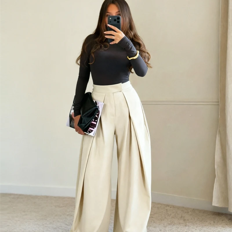 HXAO Women's Pants Baggy Wide Pants For Woman Minimalist Pleated Stripe Casual Pants Women Office Green Oversize Suit Trousers
