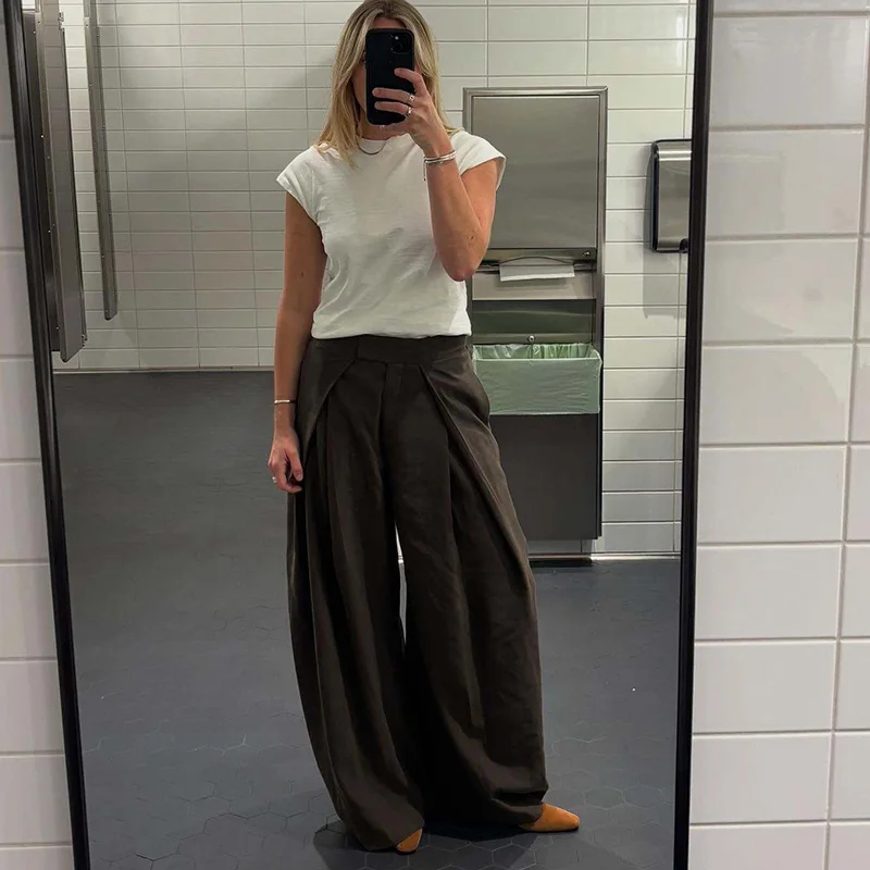 HXAO Women's Pants Baggy Wide Pants For Woman Minimalist Pleated Stripe Casual Pants Women Office Green Oversize Suit Trousers