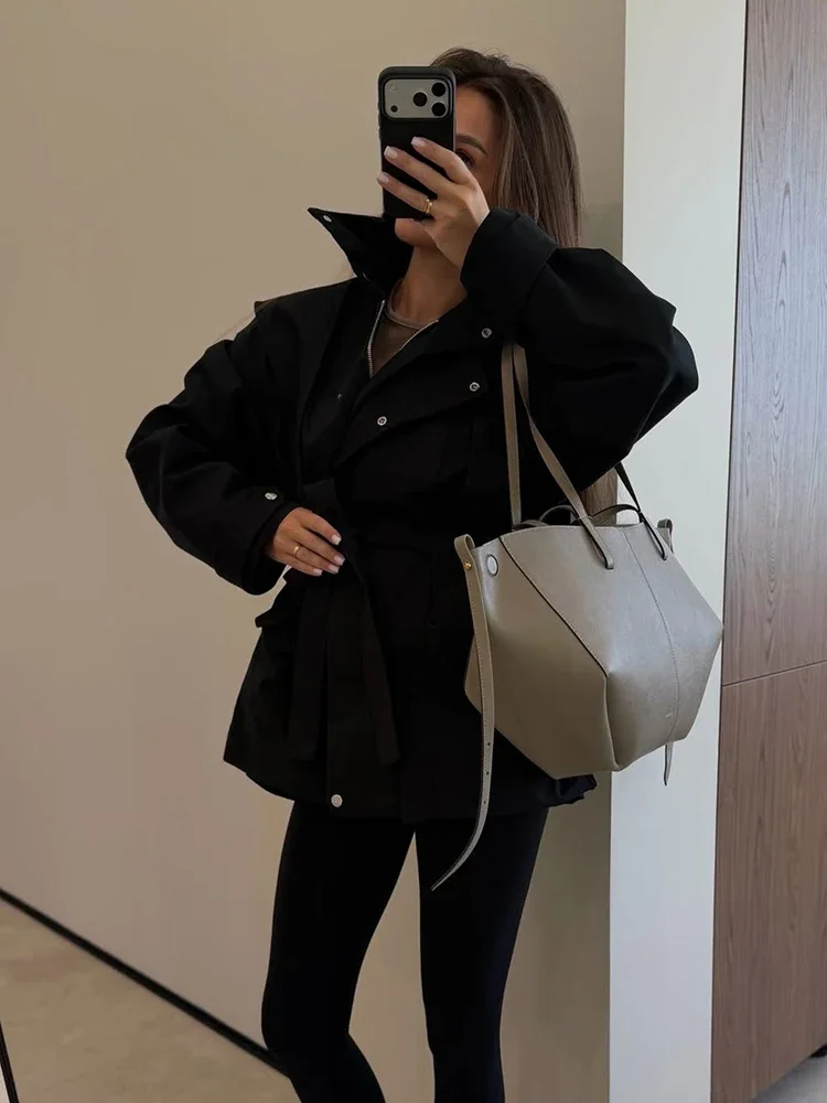 Elegant Women's Slim Trench Coat Stand Collar Zipper Button Irregular Waist Cinched Strap Puff Sleeve Jacket Autumn NEW Outfit