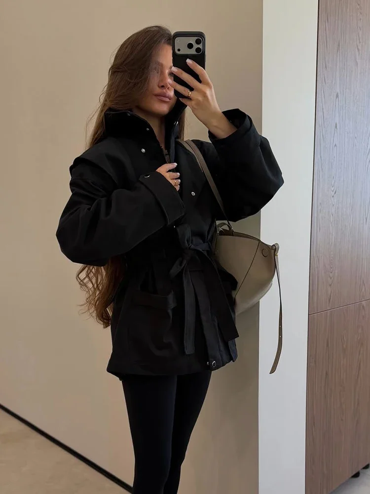 Elegant Women's Slim Trench Coat Stand Collar Zipper Button Irregular Waist Cinched Strap Puff Sleeve Jacket Autumn NEW Outfit
