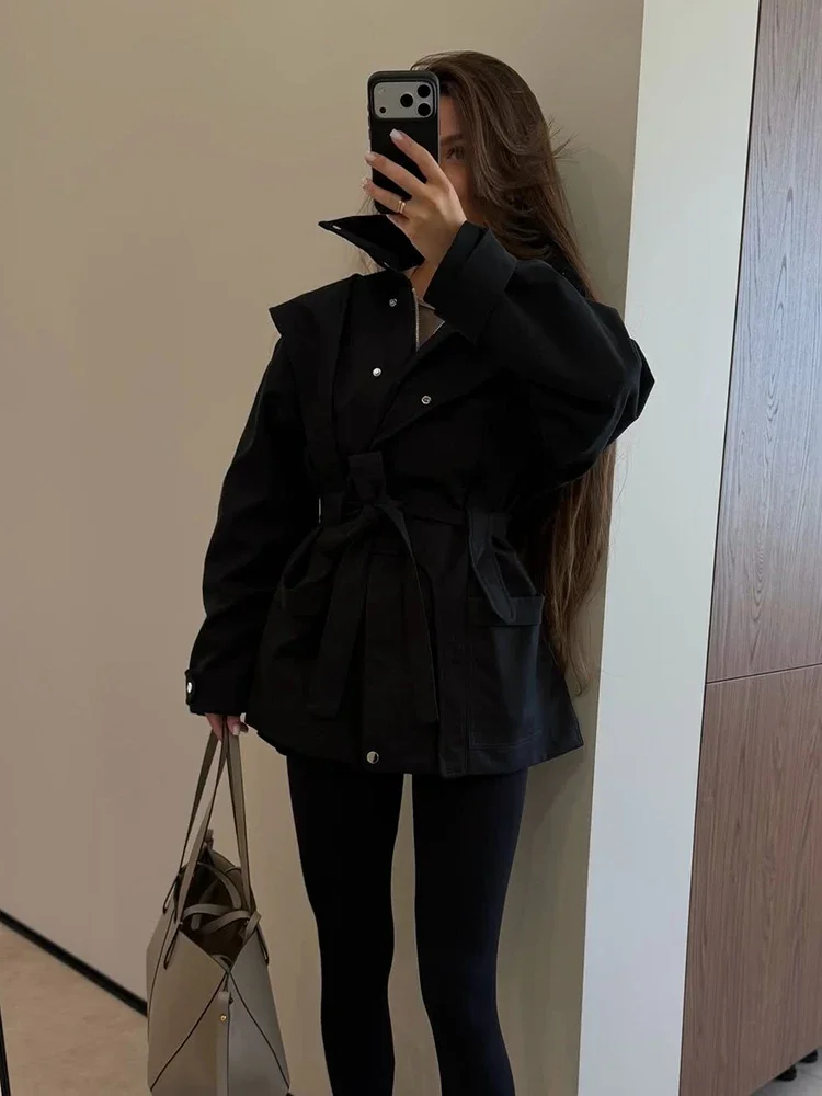 Elegant Women's Slim Trench Coat Stand Collar Zipper Button Irregular Waist Cinched Strap Puff Sleeve Jacket Autumn NEW Outfit