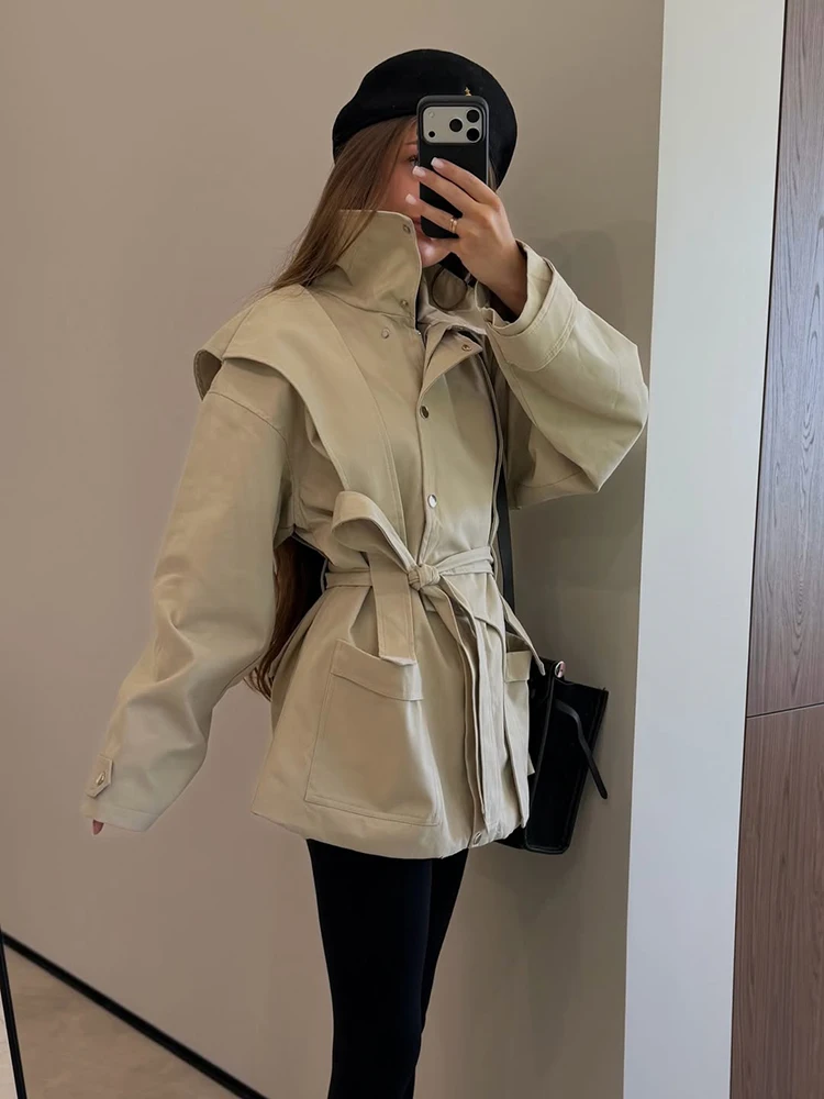 Elegant Women's Slim Trench Coat Stand Collar Zipper Button Irregular Waist Cinched Strap Puff Sleeve Jacket Autumn NEW Outfit