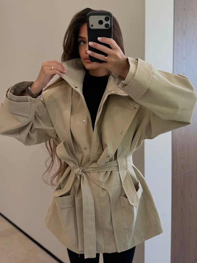 Elegant Women's Slim Trench Coat Stand Collar Zipper Button Irregular Waist Cinched Strap Puff Sleeve Jacket Autumn NEW Outfit