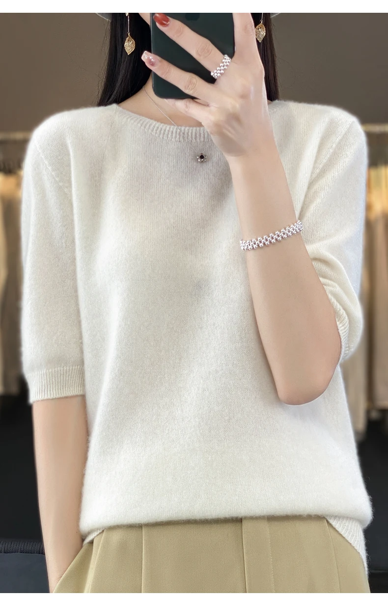 100% Merino Wool Women's O Neck Knitted T-Shirt Korean Pullover Short Sleeve Sweater Women's Basic Solid Color Half Sleeve Women