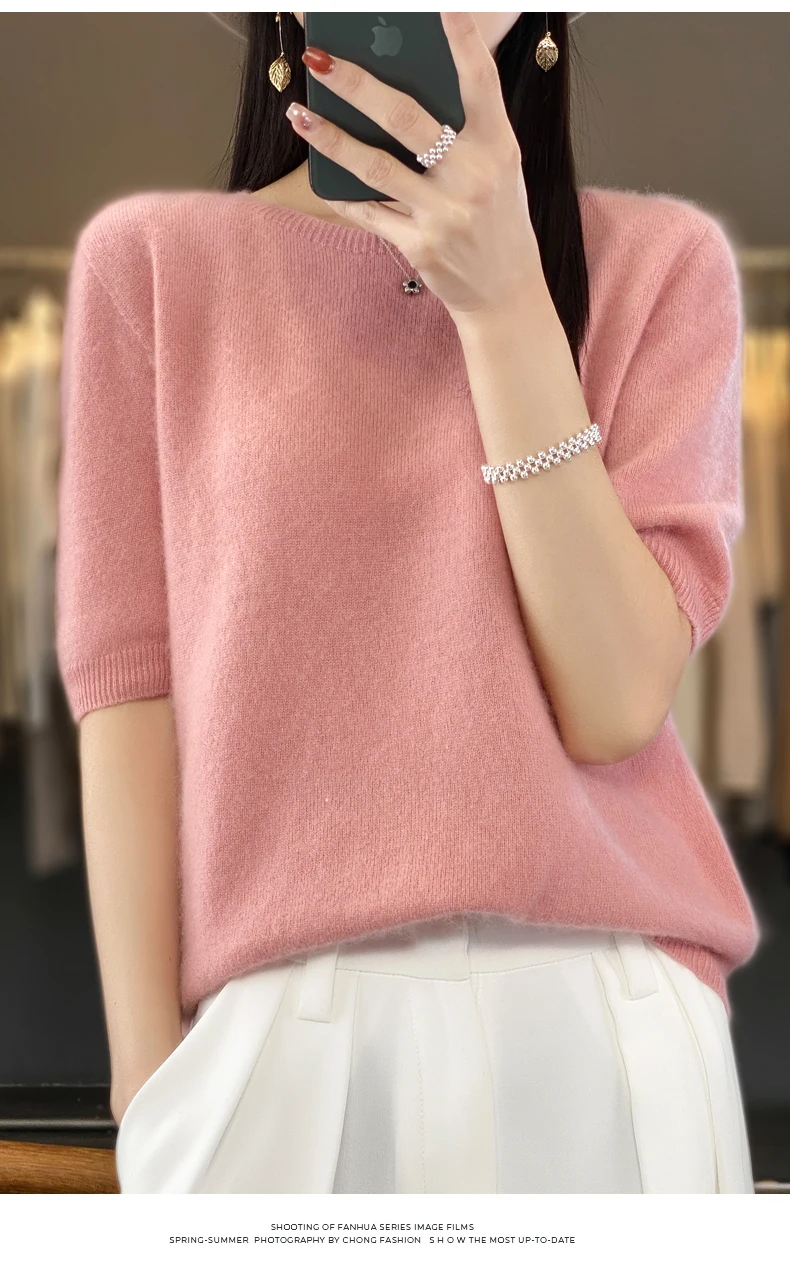 100% Merino Wool Women's O Neck Knitted T-Shirt Korean Pullover Short Sleeve Sweater Women's Basic Solid Color Half Sleeve Women