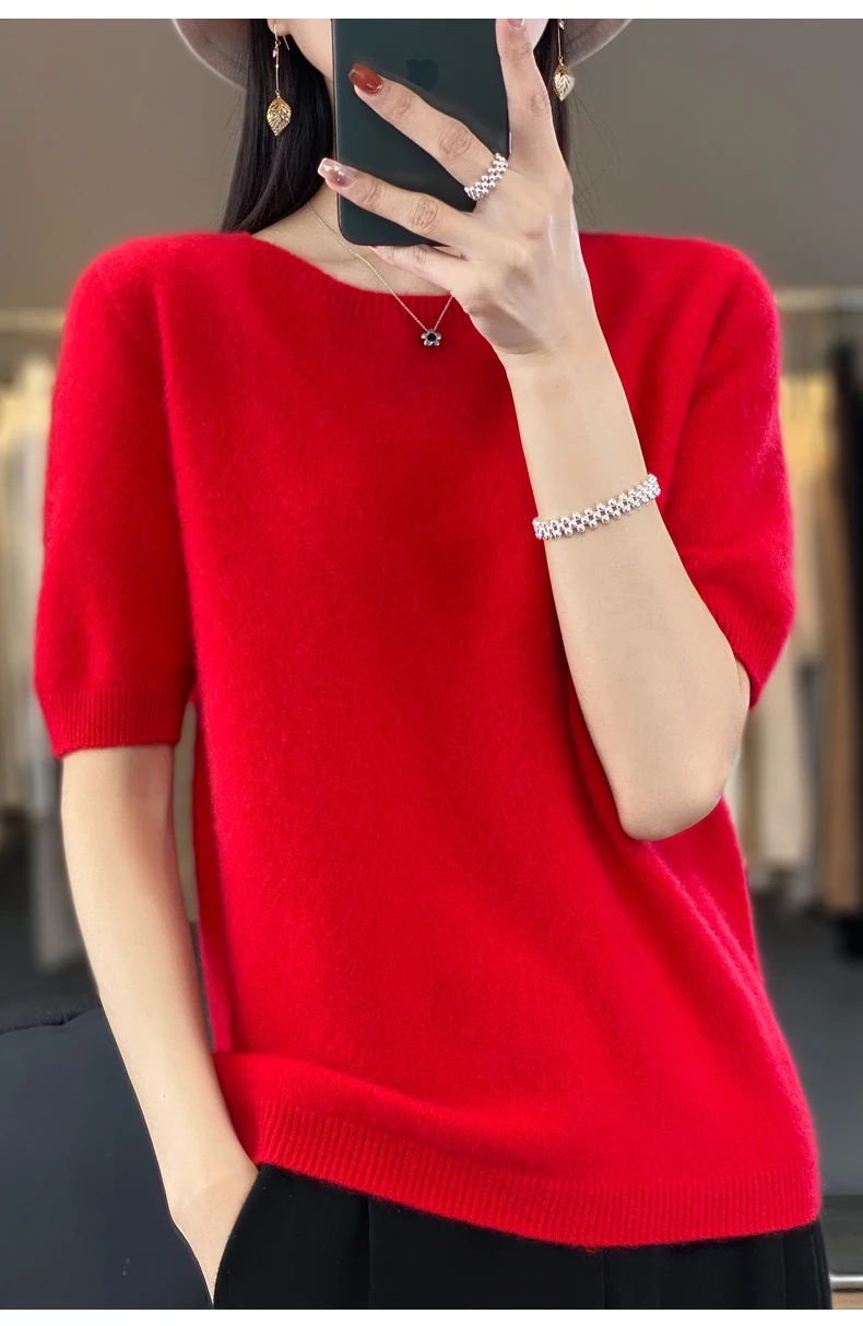 100% Merino Wool Women's O Neck Knitted T-Shirt Korean Pullover Short Sleeve Sweater Women's Basic Solid Color Half Sleeve Women