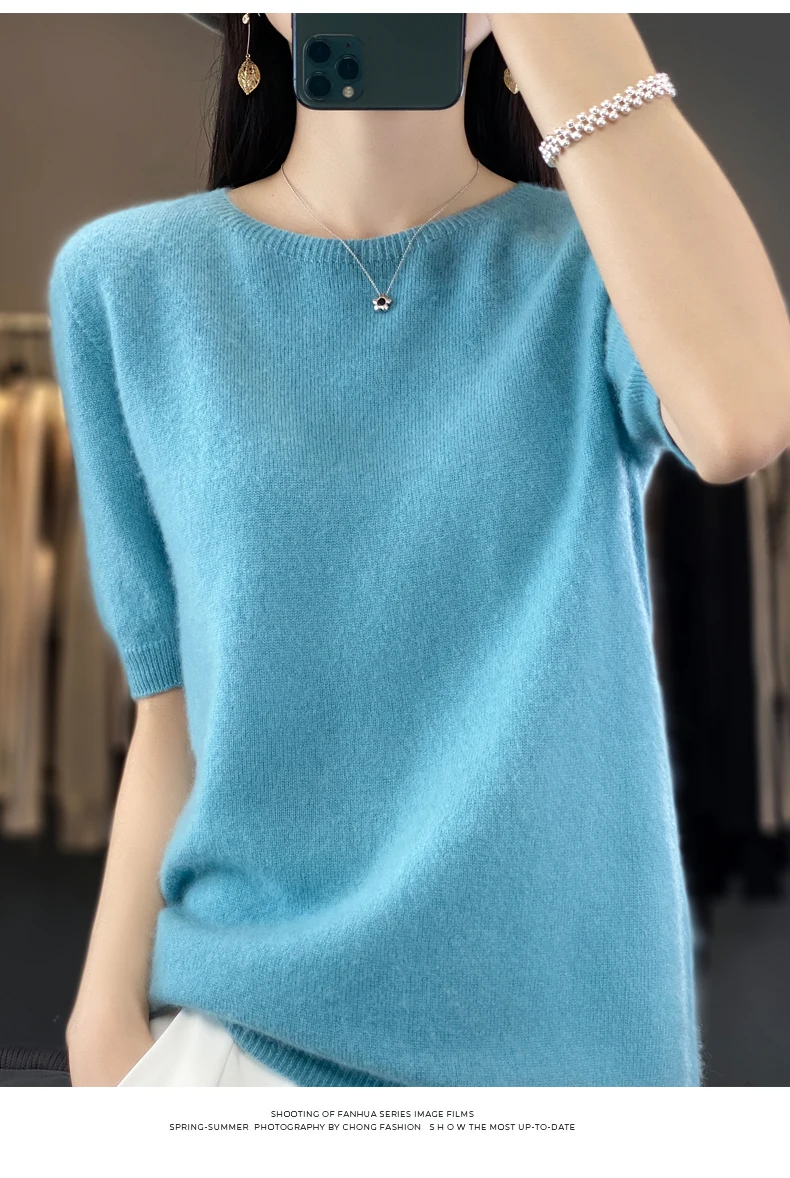 100% Merino Wool Women's O Neck Knitted T-Shirt Korean Pullover Short Sleeve Sweater Women's Basic Solid Color Half Sleeve Women