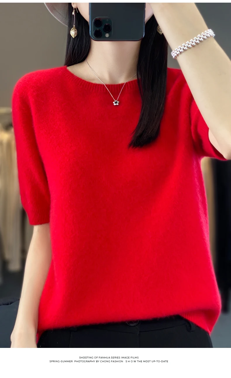 100% Merino Wool Women's O Neck Knitted T-Shirt Korean Pullover Short Sleeve Sweater Women's Basic Solid Color Half Sleeve Women