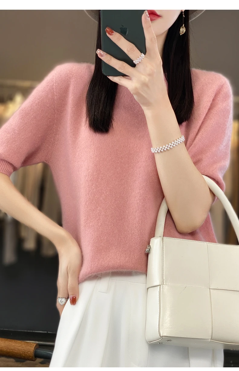 100% Merino Wool Women's O Neck Knitted T-Shirt Korean Pullover Short Sleeve Sweater Women's Basic Solid Color Half Sleeve Women