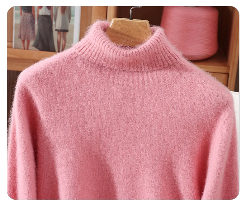 Autumn And Winter New 100% Mink Cashmere Sweater Ladies' High Lapel Solid Color Padded Pullover Wool Knitted Bottoming Shirt