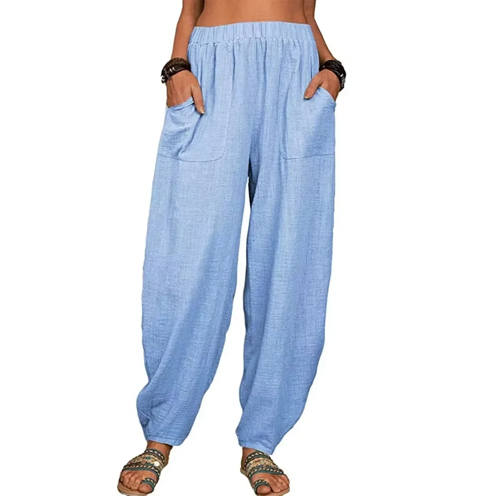 Women's Cotton Hemp Wide Leg Pants Summer Casual Vintage with Pockets Thin Beach Trousers Elastic Waist Retro Loose Harem Female