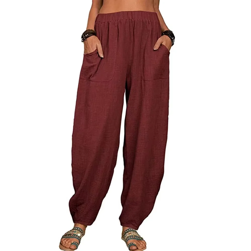 Women's Cotton Hemp Wide Leg Pants Summer Casual Vintage with Pockets Thin Beach Trousers Elastic Waist Retro Loose Harem Female