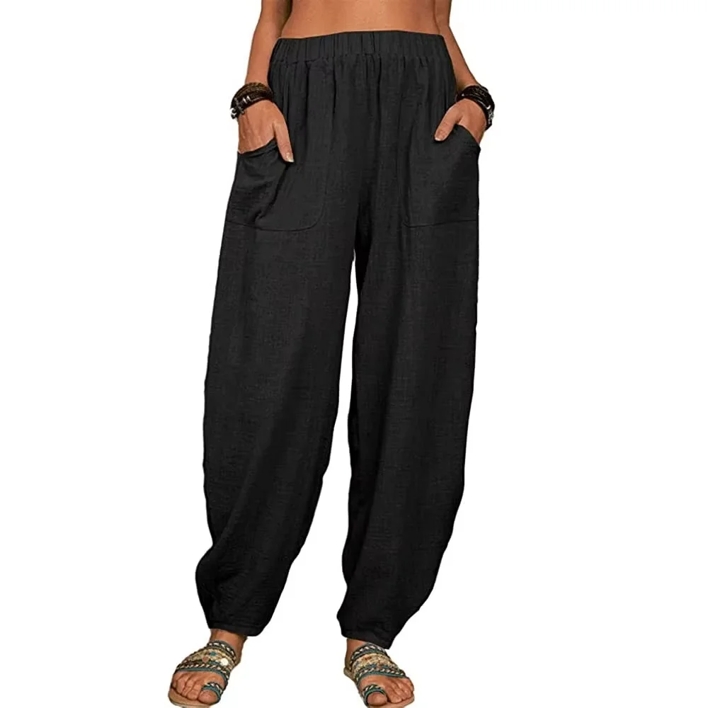 Women's Cotton Hemp Wide Leg Pants Summer Casual Vintage with Pockets Thin Beach Trousers Elastic Waist Retro Loose Harem Female
